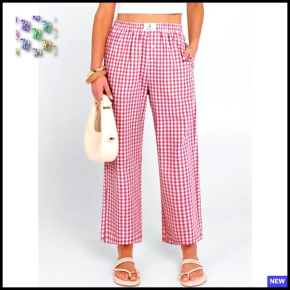 Striped Gingham Palazzo Pants Wide Leg Cropped Lounge Pajama Bottoms with - Picture 3 of 7